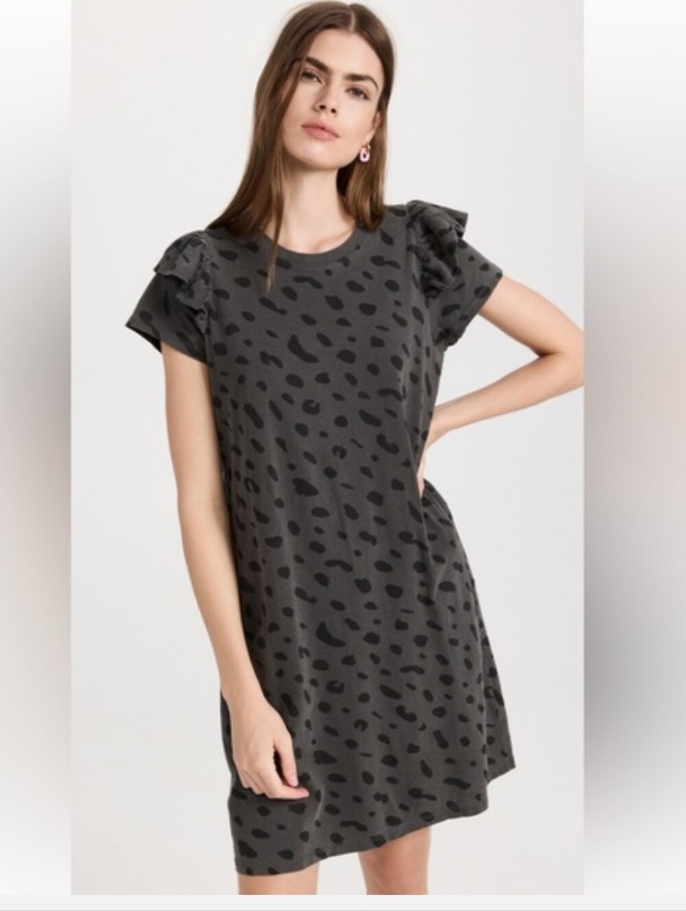 Clare V. Ruffle Gray Tshirt Shift Polka Dot leopared print Dress Size Small